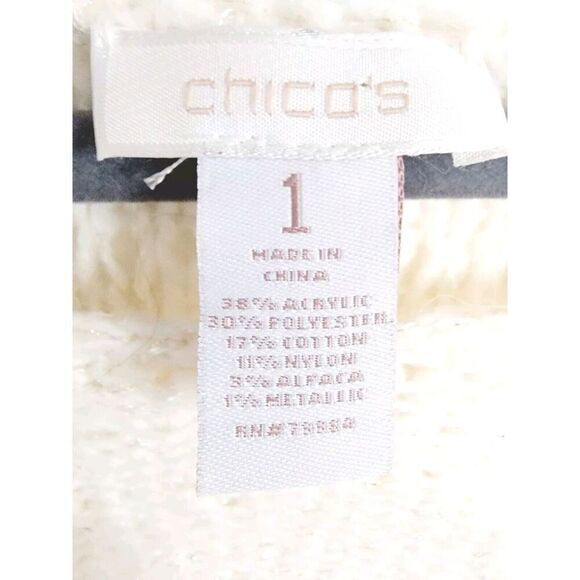 Chico's 1 Sweater Ivory Cable Knit Clear Beads Silver Filaments Mix Material - Picture 4 of 6